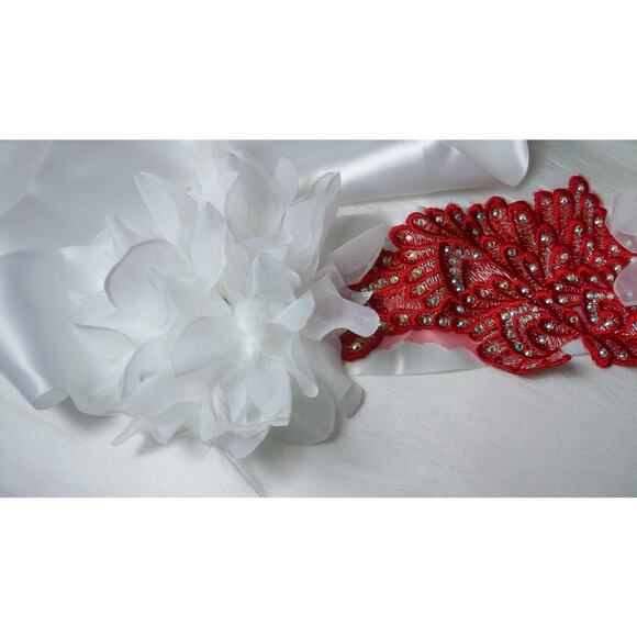 Red White Rhinestone Appliqued Floral Prom Party Formal Bridal Mob Belt Sash - Picture 3 of 4